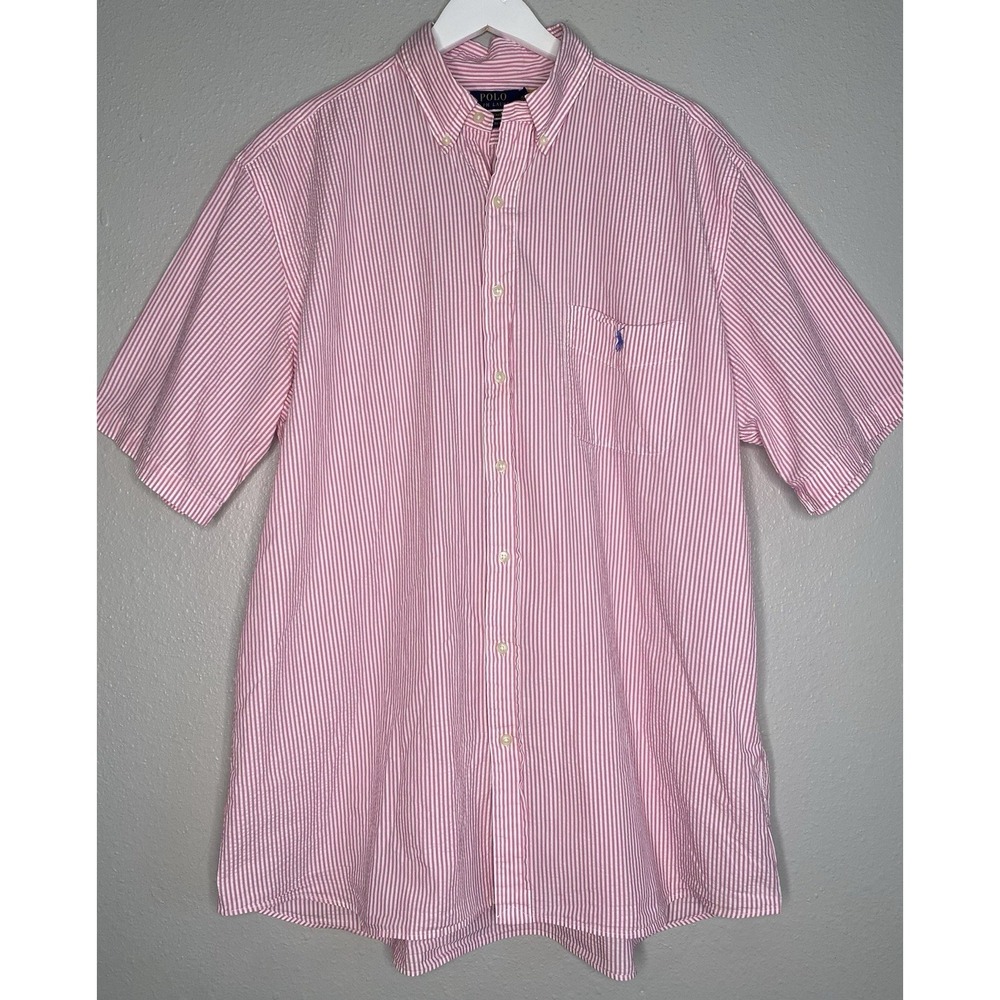 Polo Ralph Lauren XLT Pink White Striped Seersucker Shirt RL Untucked Fit Cotton
